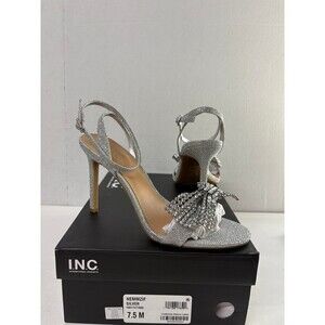 INC Women's Silver Glitter Nemmzi Bow Open Toe Stiletto Heeled Sandals Sz 7.5M